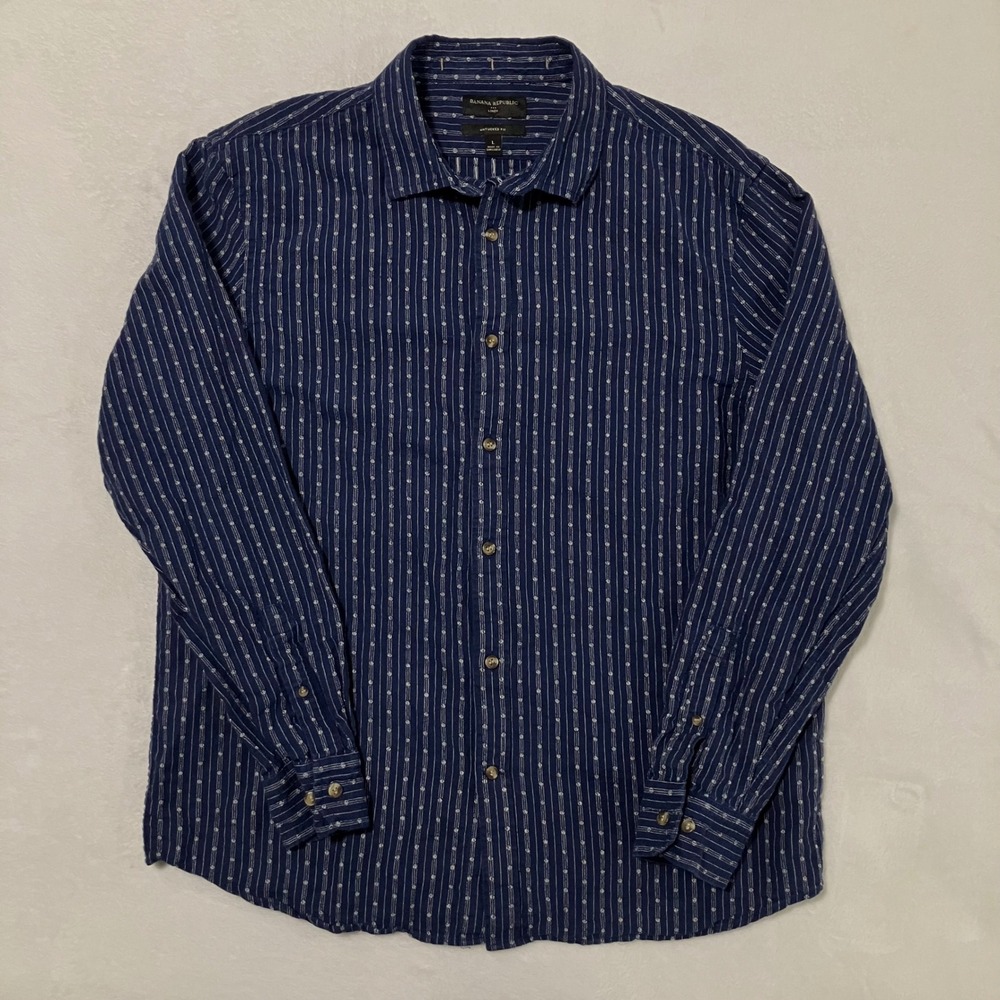 Banana Republic Untucked Slim Fit Shirt Men's Size L Navy Blue Linen Blend
